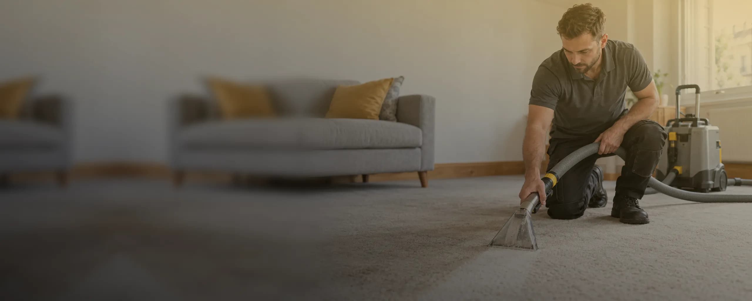 A carpet cleaner kneeling with a hot water extraction wand on a beige carpet